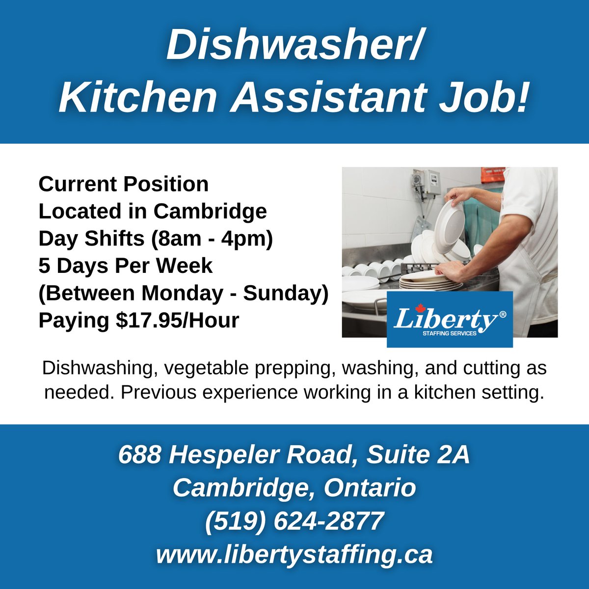 StaffingLiberty's tweet photo. Dishwasher/Kitchener Assistant job available in Cambridge! Apply with us today!
๐ฑ Call/text: 519-624-2877
๐ Start our online application:
https://t.co/40kB5F9EiW
๐ Visit:
688 Hespeler Road, Suite 2A
Cambridge, Ontario
#job #CambridgeOntario #Dishwasher #KitchenAssistant https://t.co/8k2XPHxStr