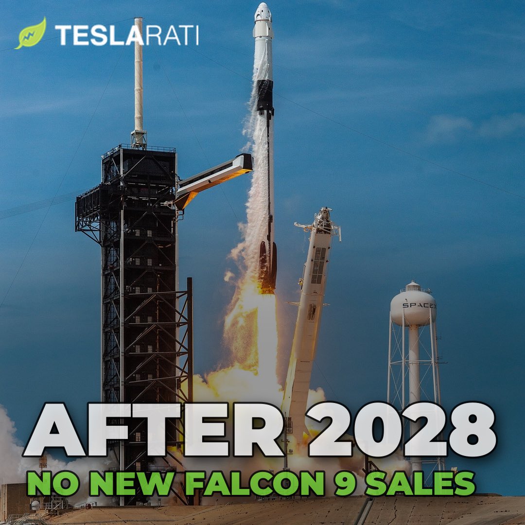 Teslarati's tweet photo. 🚨 SpaceX is winding down Falcon 9 and Dragon to go all-in on Starship:

• No new commercial Falcon 9 launches sold for after 2028 • Crew Dragon for NASA ends by 2030 • No bids on 3 new Space Force contracts
Elon says Falcon winds down once Starship flies several times a week.