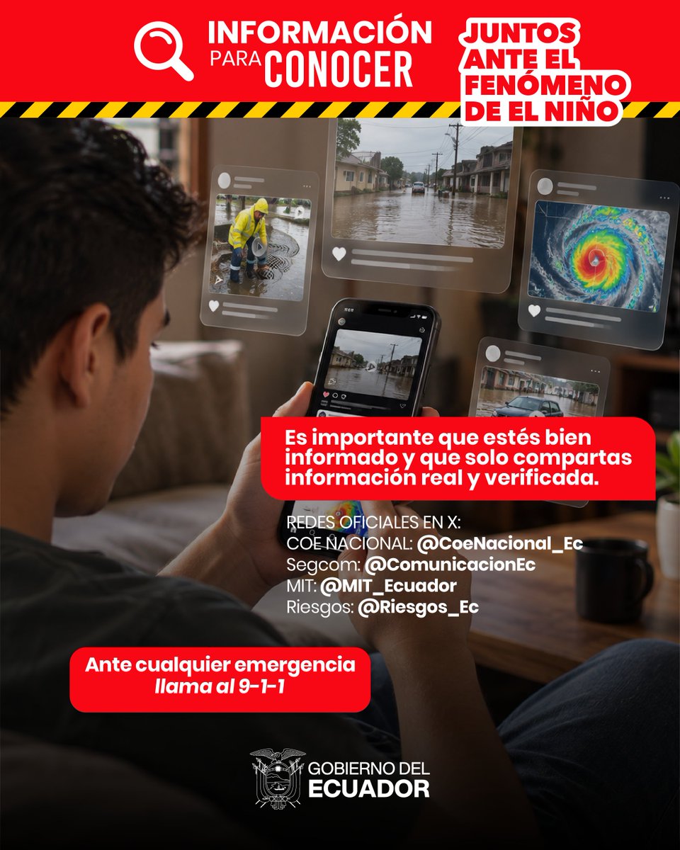CoeNacional_Ec's tweet photo. 🔴 Ante el fenómeno de El Niño, mantenerse informado también es una forma de prevenir riesgos.

📲 Consulta y comparte únicamente información oficial y verificada. Evita difundir rumores o noticias falsas que puedan generar alarma.

Desde el COE Nacional mantenemos informada a la ciudadanía para fortalecer la prevención y proteger vidas.

🇪🇨 ¡Juntos ante el fenómeno de El Niño!