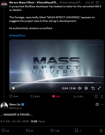 WeAreMassEffect's tweet photo. Hey @SimuLiu! We know you've said you're not involved in Mass Effect Universe, despite fans noticing your resemblance to the trailer's protagonist.

But we also know you're a huge Mass Effect fan...

Would you help us support the cause? #SaveMassEffect needs you! 🔥 https://t.co/Pt4Tq9WJum