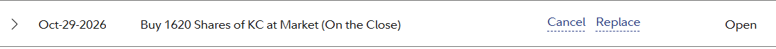 SnarkFox's tweet photo. $KC 
Oct-29-2026
Buy 1620 Shares of KC at Market (On the Close) https://t.co/tFmKSZFFa5
