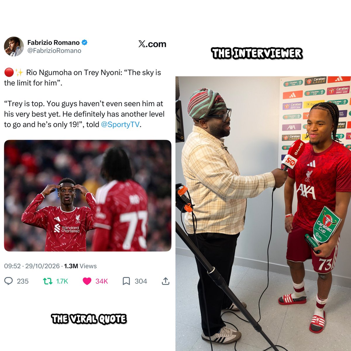 KelechiAFC's tweet photo. The Viral Quote x The Interviewer 😂.
•
Nice to interview Rio Ngumoha after yesterday’s Liverpool vs Chelsea Carabao cup match. Local Man is active ✌🏾.
•
#riongumoha #liverpool #carabaocup #chelsea #sportytv https://t.co/v1rc0NT3zr