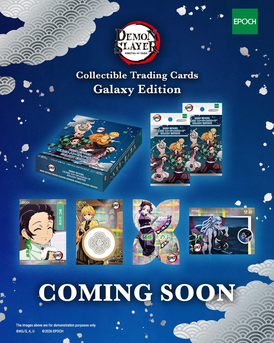 EP_CARD_America's tweet photo. COMING SOON from EPOCH: Demon Slayer Galaxy Edition. Collect an all-holographic trading card set featuring your favorite characters and moments from the smash hit anime series. 3 serial numbered cards + 1 Hashira or Oni card per box, on average. Follow for more details. https://t.co/ETyOaXbL6e