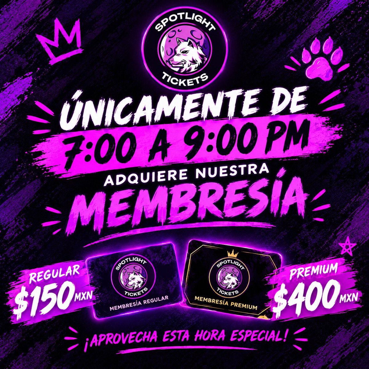 Spotlightcb's tweet photo. ¡Aprovecha esta hora especial y disfruta de todos los beneficios de ser miembro de Spotlight Tickets! 🐺💜

Promoción válida exclusivamente dentro del horario indicado. https://t.co/onMLLBssqR