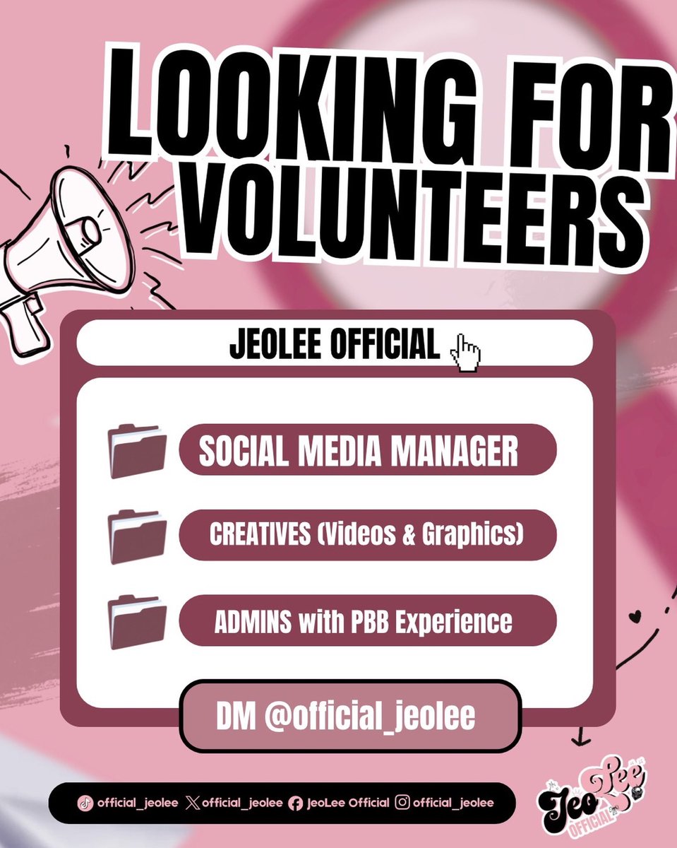 official_jeolee's tweet photo. 𝐋𝐎𝐎𝐊𝐈𝐍𝐆 𝐅𝐎𝐑 𝐕𝐎𝐋𝐔𝐍𝐓𝐄𝐄𝐑𝐒! 📣

As we continue reorganizing our fanbase, we are looking for volunteers willing to share their time, skills, and dedication to help us build a stronger and more organized team in support of JEO and GEHLEE.

If you are interested in any of these roles and would like to be part of our team, send us a DM! We look forward to growing together and continuing to show our love and support for JEOLEE.

#JEOLEE #JEOONG #GEHLEEDANGCA