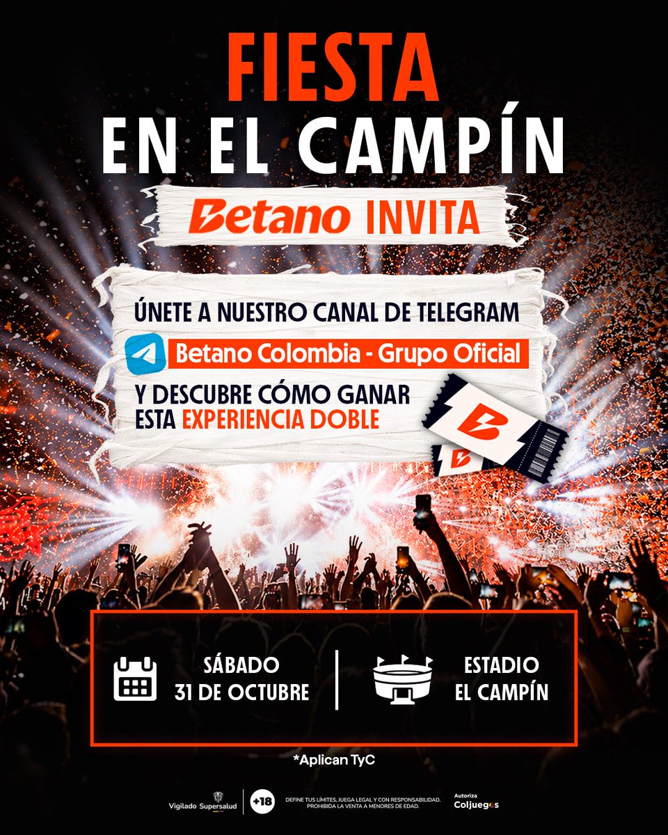 betano_colombia's tweet photo. ¡Fiesta en El Campín! 😎🎟️
Únete ya a nuestro canal de Telegram y descubre cómo ganar la experiencia doble (🔗 https://t.co/qNvuSHqX0R). 🔥
*Aplican TyC

#Telegram #Experiencia #ElCampin #ConfiaBetano https://t.co/vADIVGsb3z