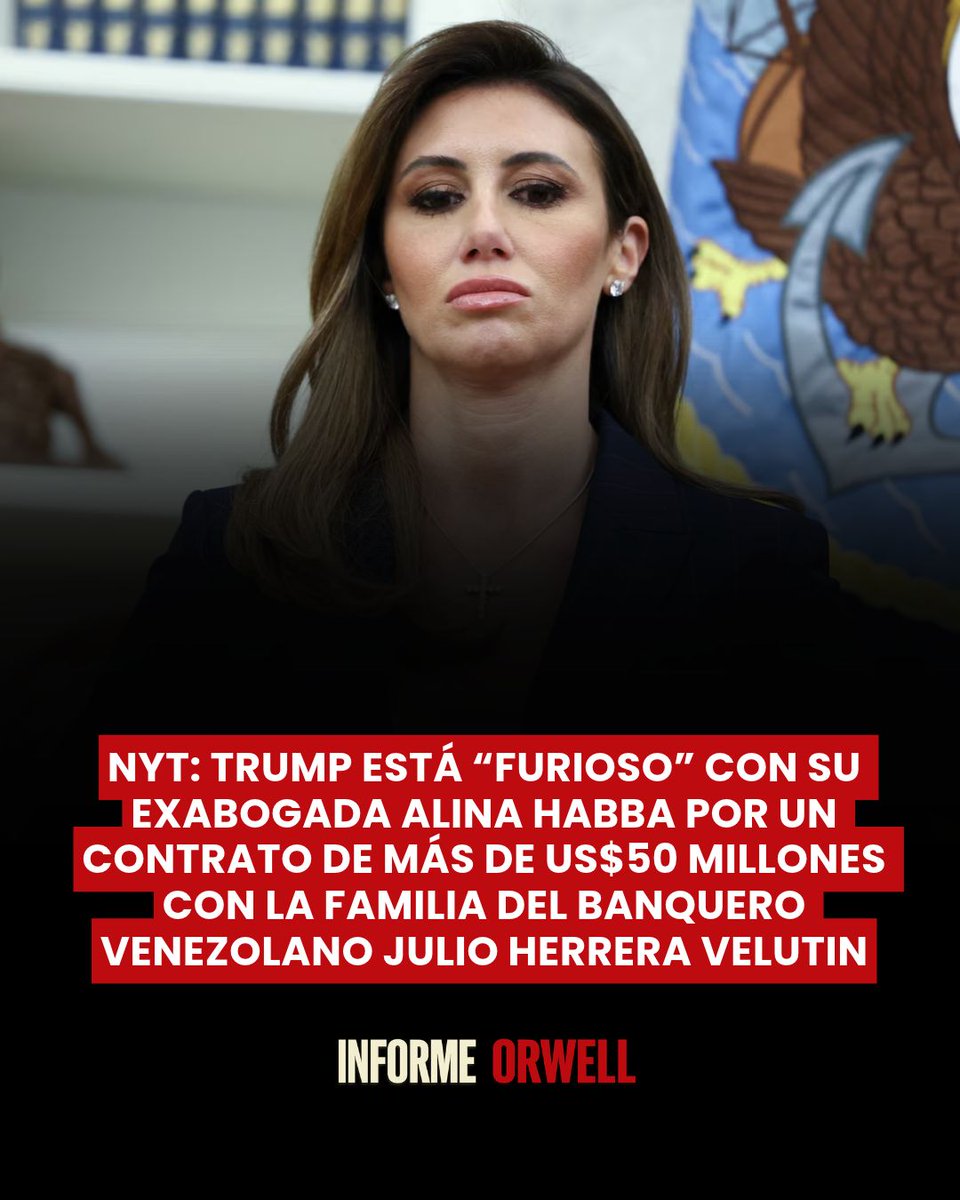 InformeOrwell's tweet photo. 🚨🇺🇸🇻🇪 | El presidente Donald Trump está "furioso" tras descubrir que su exabogada personal Alina Habba había firmado un contrato de más de 50 millones de dólares con la familia del multimillonario banquero venezolano Julio Herrera Velutini, según reveló el New York Times citando fuentes dentro de la Administración.

El acuerdo, firmado mientras Habba trabajaba como asesora del Departamento de Justicia, contempla pagos de 10 millones de dólares anuales durante cuatro años, además de bonificaciones. La contratante fue Concord Partners, una empresa creada por la hija del banquero.

Según el NYT, Habba comenzó formalmente sus funciones el 1 de enero de 2026 y, semanas después, Trump concedió un indulto total e incondicional a Herrera Velutini, quien había enfrentado acusaciones de soborno y alcanzado un acuerdo judicial por una infracción de financiación electoral. Habba asegura que no participó en la gestión del indulto, pero la existencia del contrato molestó al presidente, quien, según el reporte, a menudo demuestra se enfado por los asesores que lucran vendiendo "acceso" a la Casa Blanca. 

Según el NYT, Trump llamó personalmente a Habba para discutir el contrato y llegó a decirle a un aliado que la familia Herrera no debería seguir pagando el acuerdo. El mensaje terminó llegando a los empresarios venezolanos.

La revelación llega en medio de otra guerra interna que tiene a Habba como protagonista: su enfrentamiento con Ric Grenell, exenviado especial de Trump para Venezuela.

Como reveló Axios, Habba acusó a Grenell ante el propio presidente de haber desviado una supuesta donación de casi seis millones de dólares al Kennedy Center, vinculada a negocios de su esposo, el empresario turco Turhan Mildon.

La controversia escaló después de que apareciera un mensaje de texto atribuido a Grenell en el que se prometía a Mildon acceso a eventos VIP y cercanía con la Administración Trump, incluido el presidente, a cambio de una operación financiera. Grenell niega haber enviado el mensaje y rechaza todas las acusaciones.

El conflicto también tiene ramificaciones venezolanas: Grenell y Mildon compartían intereses relacionados con el país, y el régimen de Delcy Rodríguez llegó a revocar y posteriormente restablecer un contrato de una empresa de Mildon para operar plantas de cemento estatales.

Ahora, mientras Habba mantiene su disputa con Grenell por presuntas irregularidades financieras y tráfico de influencias, ella misma queda bajo escrutinio por un contrato multimillonario con la familia de un empresario venezolano beneficiado por un indulto de Trump.

El NYT no establece que el contrato estuviera condicionado al indulto, y Habba niega haber intervenido en esa decisión.