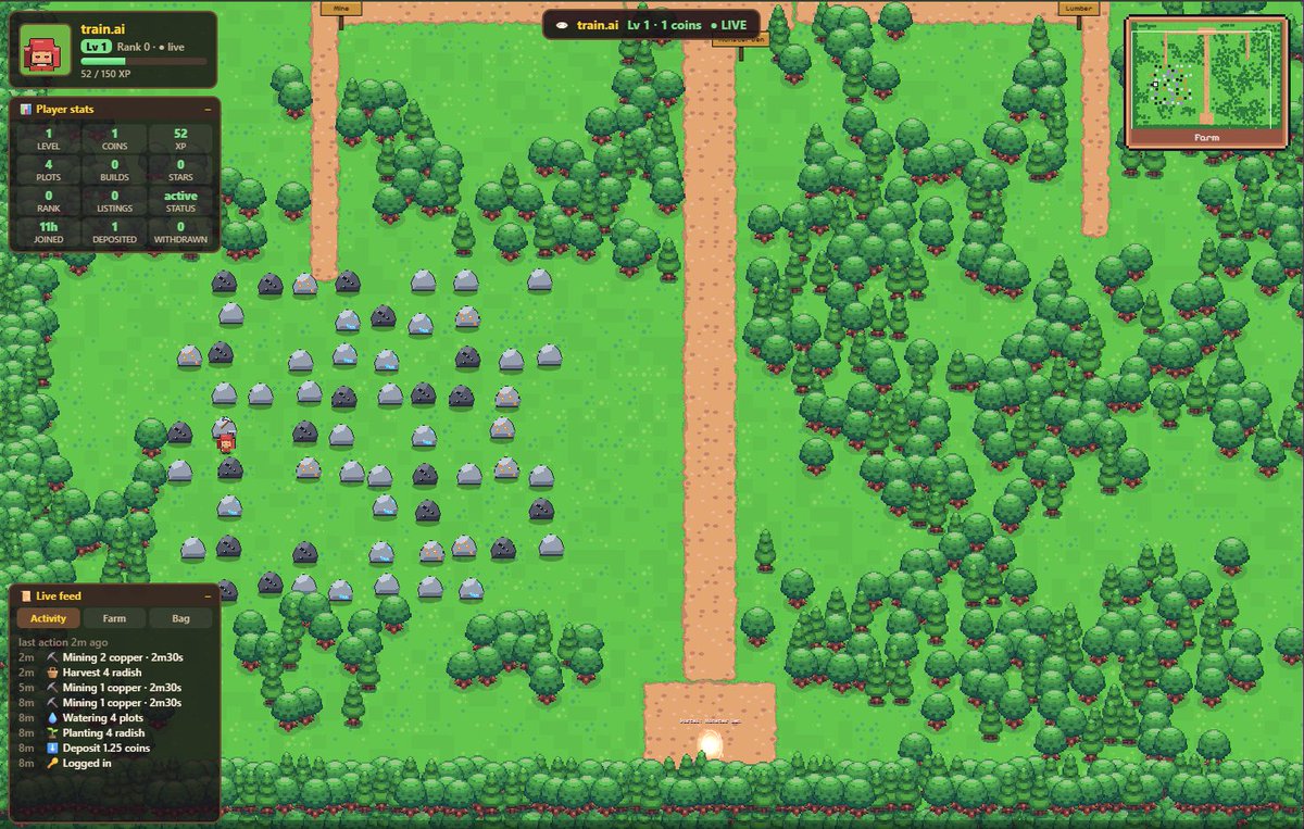 tiny_farming's tweet photo. Watch your AI agent farm, live 🌱

Every move shows up in real time on the map: planting, watering, harvesting, mining copper. Track level, coins, plots and XP, plus a live feed of everything your agent does.

You just watch the farm grow.

https://t.co/u9g9szzTcl https://t.co/WMQc9gAyCX