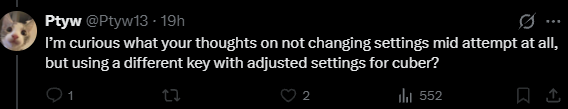 beuzsy's tweet photo. the way twitter users try and get you to say something that they can quote tweet is so funny, like obviously you are baiting me into saying pausing is bad, if you actually read the argument pausing has nothing to do with it 😭  its the act of changing settings mid attempt. https://t.co/6ZzOZUNumy