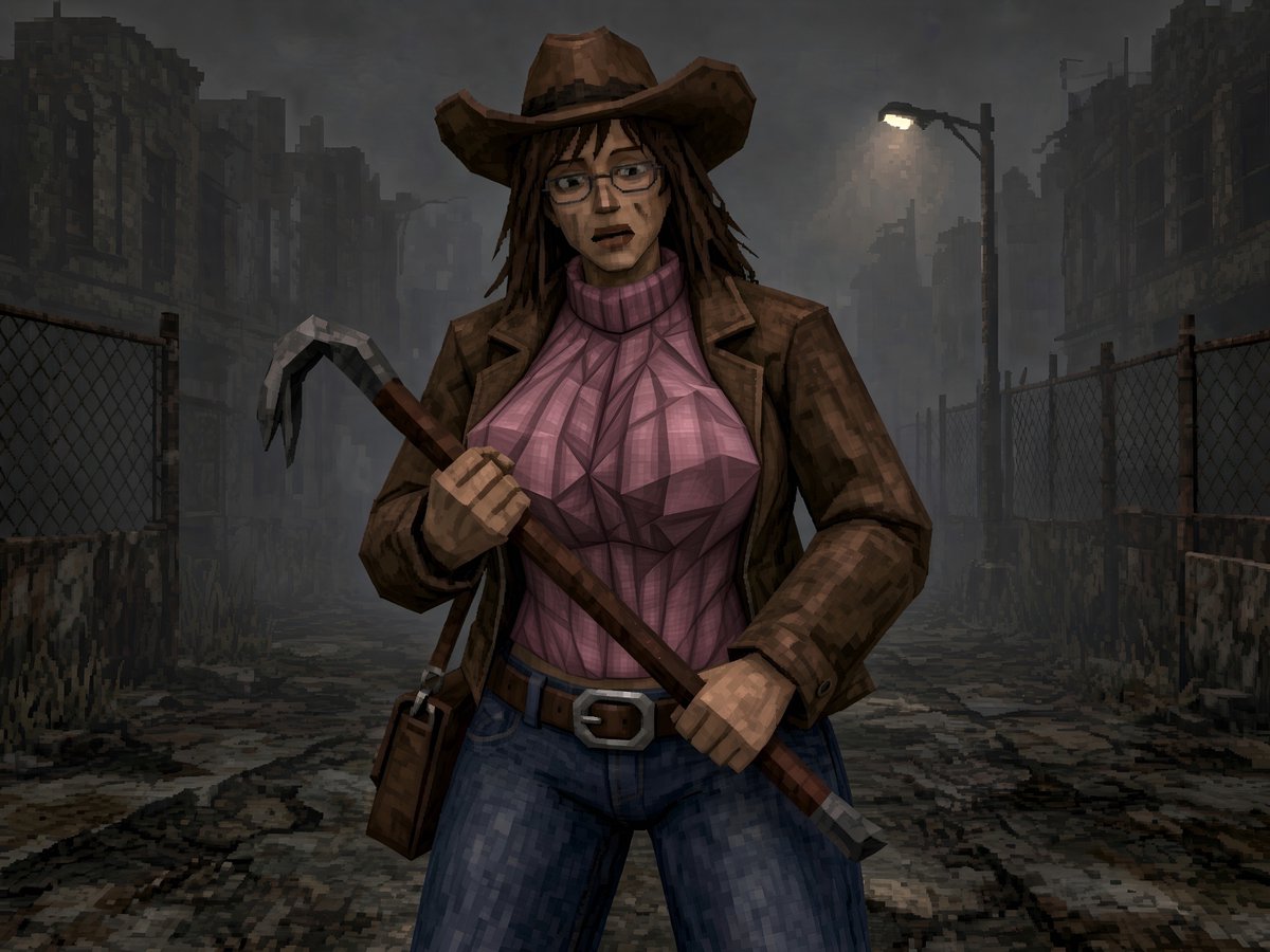 KettleworksSFW's tweet photo. Check out @arkd3v and their 90s spooky throwback...

#PromptD3v: CURSED PS1 GRAPHICIZATION Silent Hill (1999) Edition!

I tweaked mine a little, giving Kezia a crowbar. Most human-passing monsters you meet in the Hill are usually coming at the protag with some kind of melee! 😧 https://t.co/FltXU237b4