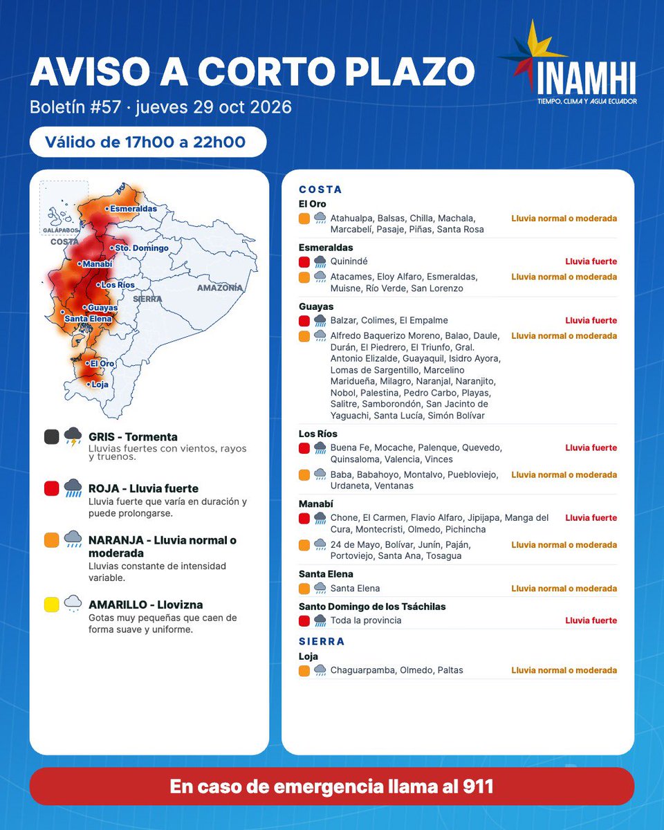 inamhi_ec's tweet photo. ⚠️ #AvisoCortoPlazo #57 Desde las 17:00 hasta las 22:00 del 29 de octubre ⏰
👉 Se esperan eventos de lluvias en varios sectores de la región Litoral. 
Conoce mayor detalle a continuación

#INAMHI https://t.co/kFgEgUafLm