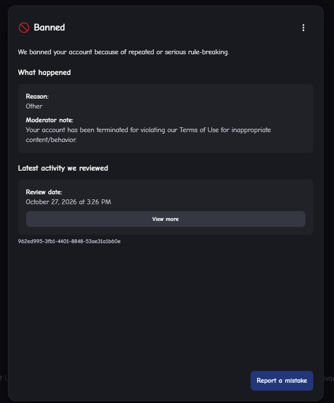 mindcraft002's tweet photo. @Roblox Please fix this, my Roblox account of 10 years (mindcraft002) is gone due to the ai moderation. No proof was given on what I have done, and I haven't gotten a single message back in my inbox responding to my issue. So much value gone just like that. #robloxbanwave #robloxsupport https://t.co/9uhXxJF3Rp