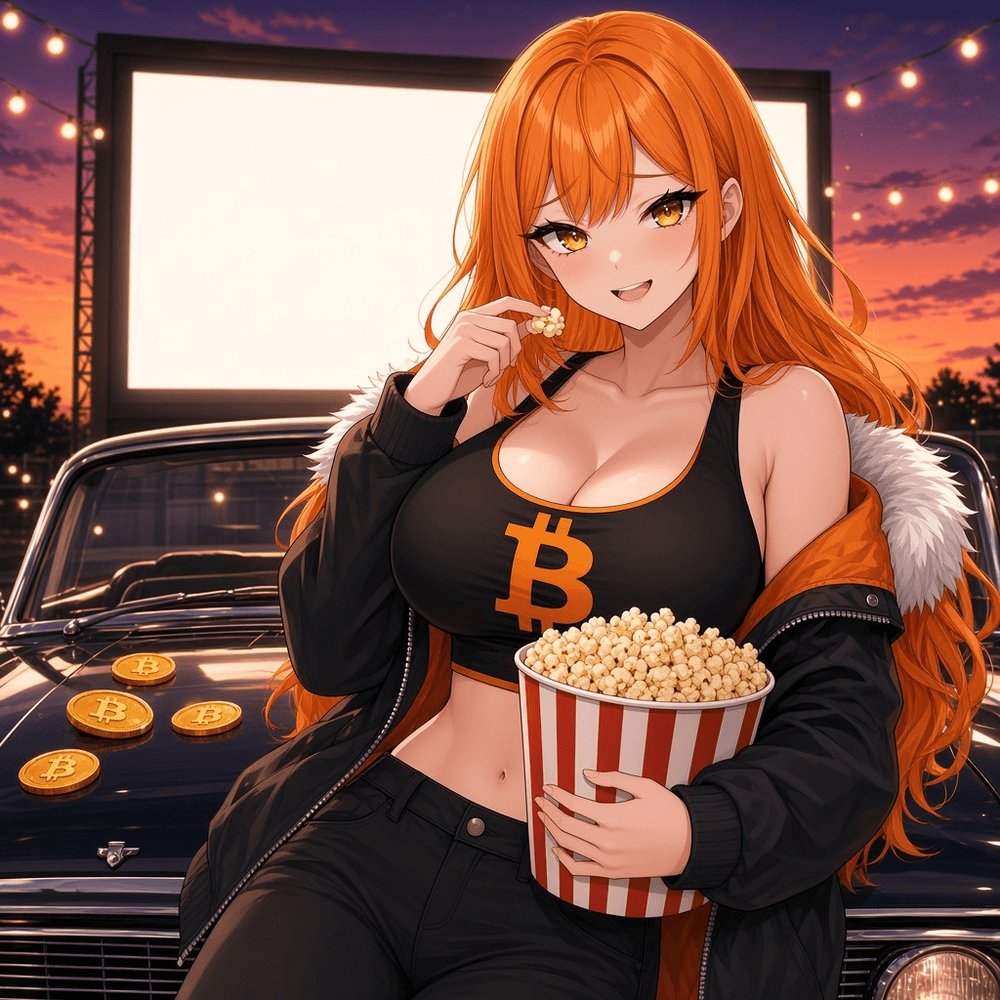 BigTittyCoinRH's tweet photo. Drive-in night with the queen of the chain: popcorn in one hand, bigger bags in the other. The orange army only watches green candles tonight 🍿 $BTC https://t.co/92ZSnSTtyK