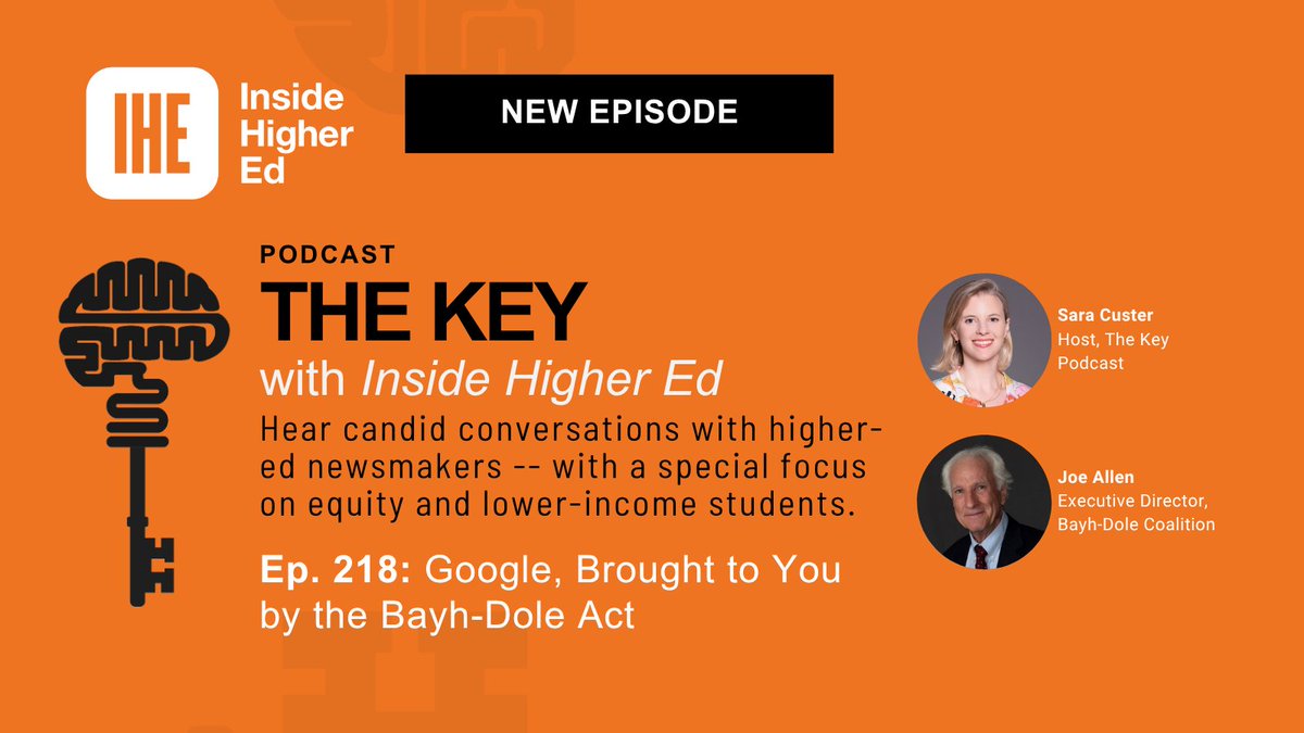 insidehighered's tweet photo. The Key | In episode 218, Sara Custer is joined by Joe Allen, the executive director of the @BayhDole Coalition, to understand the origins of the legislation and how it could be upended by changes to policies governing research funding.

Listen now ➡️ https://t.co/rTDj4M9KnK https://t.co/lv6X4Vqppr