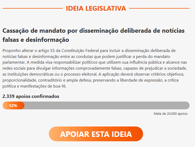 rrobsonms's tweet photo. PESSOAL URGENTE! 
Vote a favor da proposta que prevê a cassação do mandato de parlamentares que disseminem deliberadamente notícias falsas (FAKE NEWS), com respeito ao direito de defesa e à liberdade de expressão.  COMPARTILHEM!!

https://t.co/8VKFox1zC6 https://t.co/5TxI0GdSCA