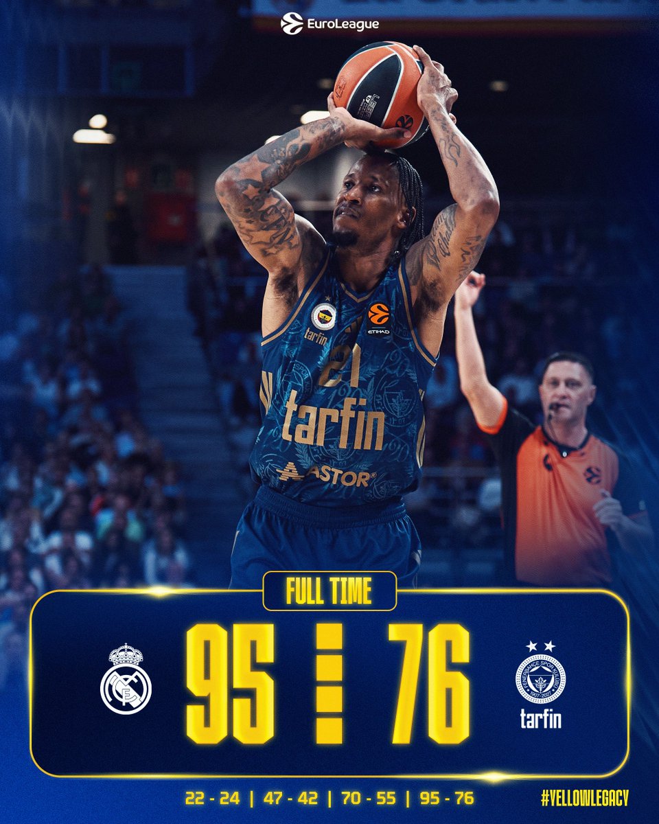 FBBasketbol's tweet photo. Maç Sonucu | Real Madrid 🆚 Fenerbahçe Tarfin: 95-76

Skor dağılımımız: Clyburn 21, Horton-Tucker 16, Shields 8, Larkin 7, Baldwin IV 7, Key 6, Forrest 6, Bingham Jr 3, Melli 2. #YellowLegacy https://t.co/MWCECYmb0C