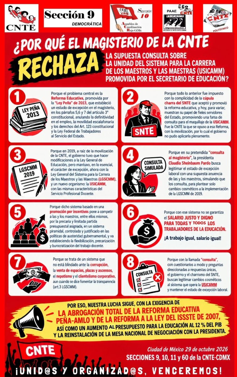 bejerano_adrian's tweet photo. La CNTE rechaza la "consulta" sobre USICAMM con cuestionarios a modo, porque el gobierno y el charrismo del SNTE buscan legitimar cambios cosméticos y mantener el estado de excepción laboral. CNTE CDMX. https://t.co/kTIk3xKAT6