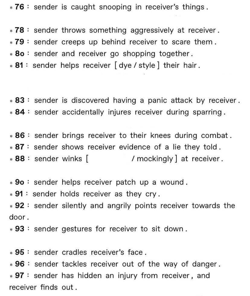 murdertriaI's tweet photo. https://t.co/3MOktAQETn
⠀
( like )  this  starter   call  for  a  random
numbered  prompt .

( comment )  with  a  specific  prompt  
you  want .

( retweet )  to  spread  the  word . https://t.co/bIjbToEEci
