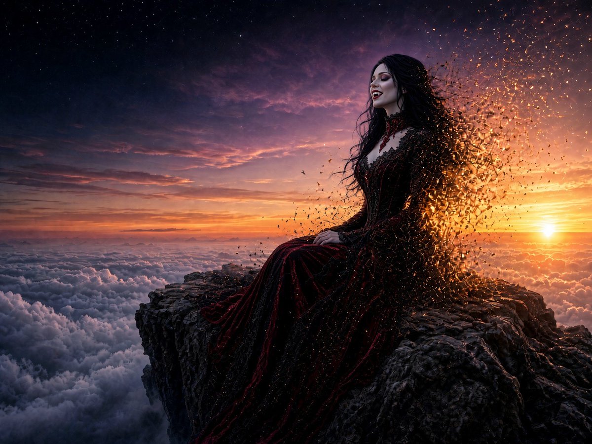 LostWorldsAI's tweet photo. 900 years of night. One sunrise. 🌅🦇

Shout out to @toshiarte for this one, go check out their work 🖤
 #AIart #Halloween https://t.co/jeTzWHqhOf