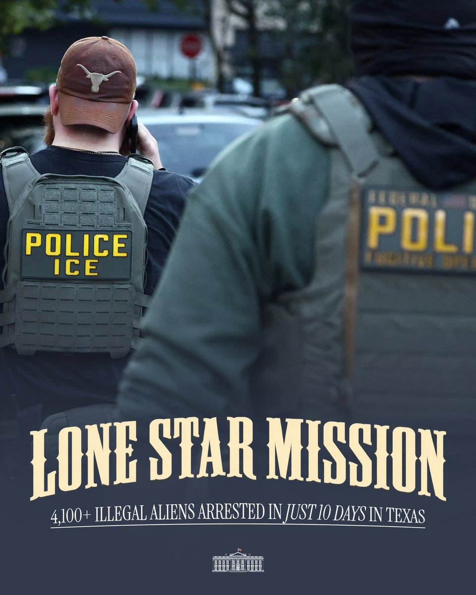 Julie64334313's tweet photo. Lone Star Mission leads to THOUSANDS of illegal aliens arrested in Texas just 10 days. 🇺🇸

Under President Trump, @DHSgov and @ICEgov have a clear mission: Remove the worst of the worst illegal aliens from our streets. https://t.co/sgcPuChdVd