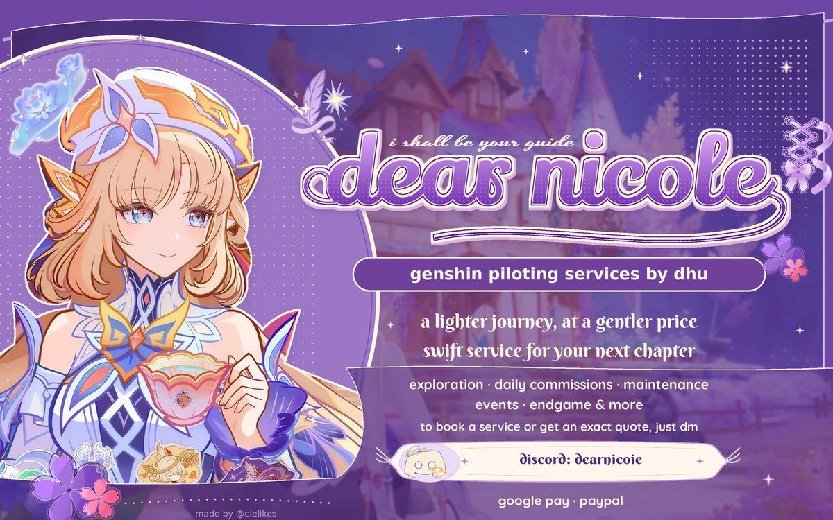 dearnicoIe's tweet photo. ୨୧ dear nicole ┊ genshin piloting
╰ “i shall be your guide”

✧ exploration, dailies, events &amp; more
✧ gentle prices, a lighter journey
✧ dm to avail ꒰ᐢ. .ᐢ꒱

⌗ tucked below ↓
price list · proofs · vouches https://t.co/qXoGaCOvWW