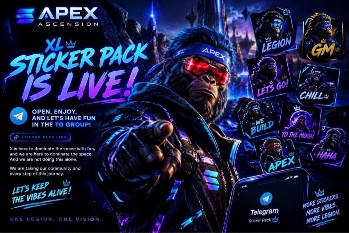 The1stApeX's tweet photo. ApeX Legion STICKER PACK IS LIVE!

Legion, it’s time to bring some fun to the TG! 😂🔥

Our sticker pack is here. Open it, grab your favorites and let’s fill the group with some Legion energy.

Sticker pack: https://t.co/V7kaEnbpoj

Telegram : https://t.co/R4ZAcysWXg
We are here to grow, have fun, build and make our mark on the space. But we’re not doing it alone we are taking our community with us every step of the way.
One Legion,one vision. 🤝

Born of the Chain. Forged for Ascension 🦍⚡️
