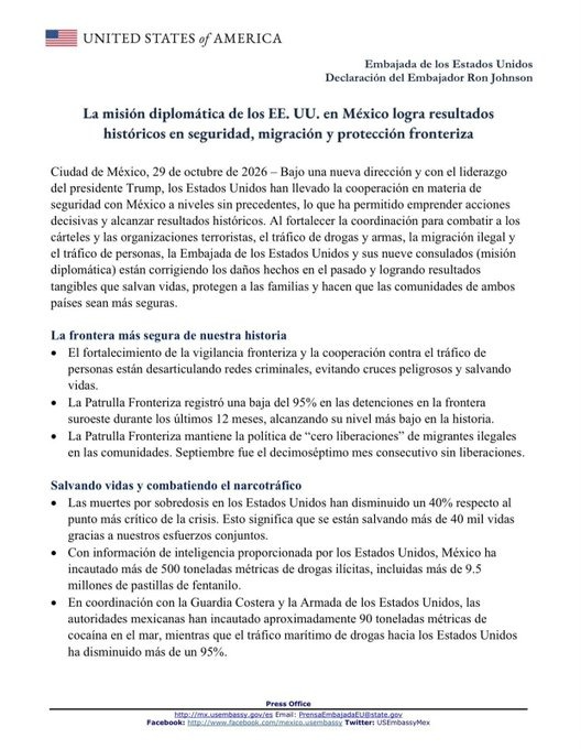Notigram's tweet photo. 📲Embajada de EE. UU. destaca logros "históricos" en seguridad y migración con MéxicoReportó una baja del 95% en aprehensiones fronterizas, la incautación en México de 500 toneladas de droga y 90 de cocaína en el mar.

Además, resaltó la entrega de 360 fugitivos a México y 96 extradiciones a EE. UU., consolidando el combate a cárteles y redes criminales.