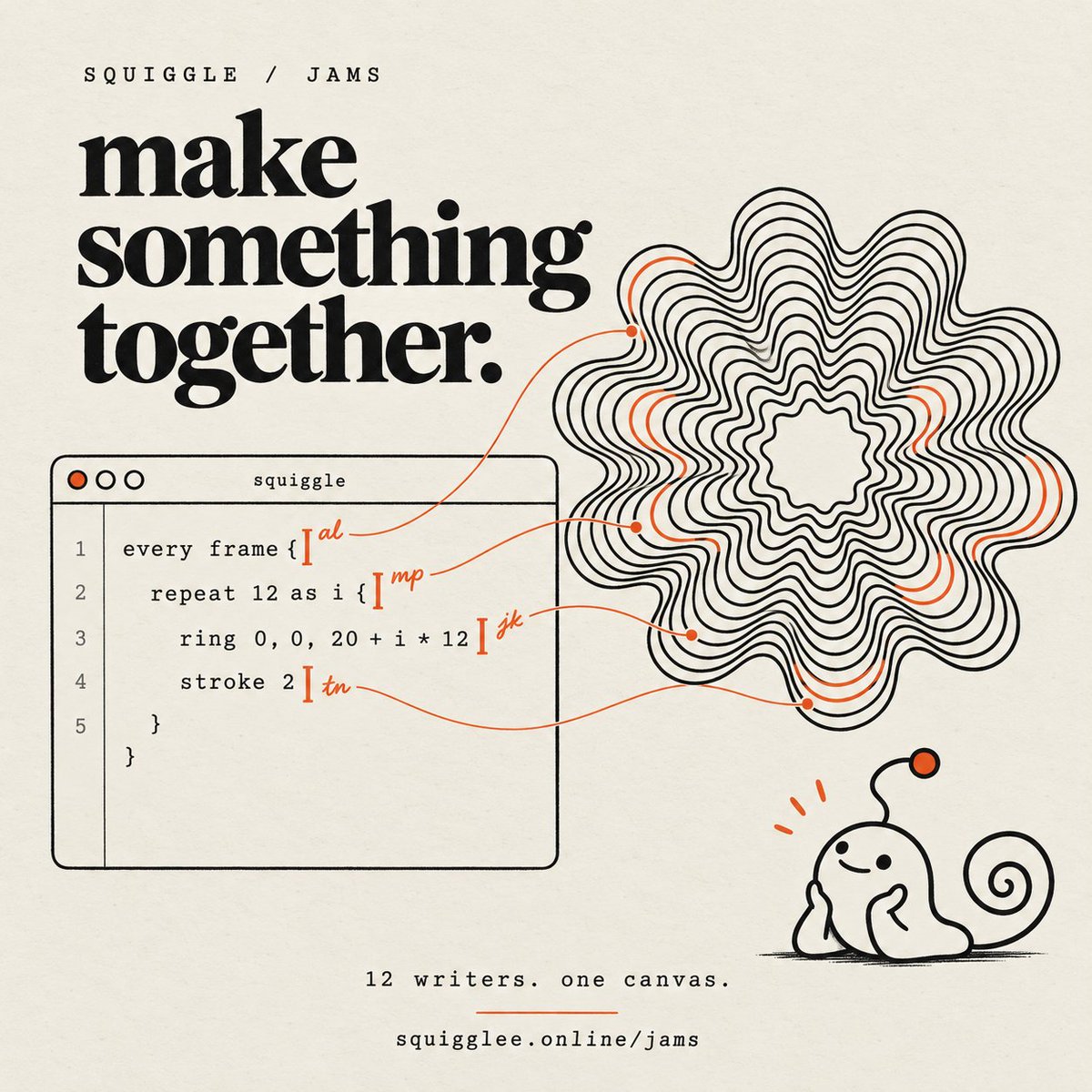 squigglee_'s tweet photo. Squiggle jams are open to everyone now.

Up to 12 write one piece live, everyone else watches the code, the cursors and the canvas.

Hosts can lock, remove, end, and pin the jam to the wall with every writer credited.

Ours is up there now.

https://t.co/YawcKNh9zO https://t.co/VIuQThN56G