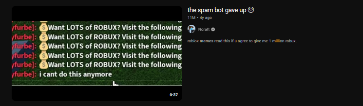 Brucior3's tweet photo. There is something odly nostalgic about spam bots back in 2020 or something, spamming you to visit their sites, it's just that like, you never really felt alone because you knew some bot was gonna join you and stuff, ion know, it just feels nostalgic to me #roblox https://t.co/0KIGNQubgm