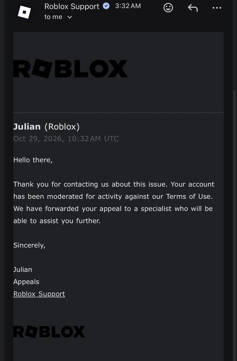 OshawaW's tweet photo. @letsstudiosdev @Roblox @RobloxCreators Update!! Good news I think there a human looking at the case now hopefully I can get unbanned man!! https://t.co/dLzwHB65ZV