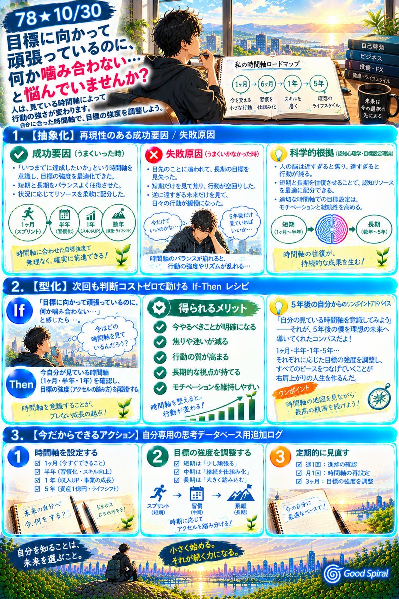 parakeet115's tweet photo. 78★10/30｜「目標に向かって頑張っているのに、何か噛み合わない…」と悩んでいませんか？【解決策】If:日々の行動に迷いが生じたら Then:今自分が見ている時間軸（1ヶ月、半年、1年）を確認し、期間に応じた目標の強度（アクセルの踏み方）を再設計する。時間軸を意識することがブレない成長の起点 https://t.co/T5OqNIpNg0