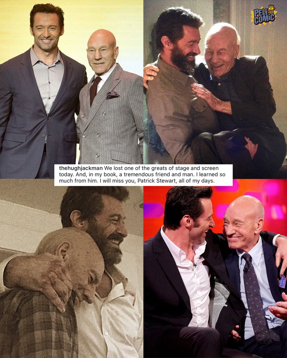 Peli_Comic's tweet photo. Así Hugh Jackman se despide de Patrick Stewart 😞

"Hoy hemos perdido a uno de los grandes del teatro y la pantalla. Y, en mi opinión, a un amigo y un hombre extraordinario. Aprendí muchísimo de él. Te echaré de menos, Patrick Stewart, todos los días de mi vida". https://t.co/0B9FljLG8B