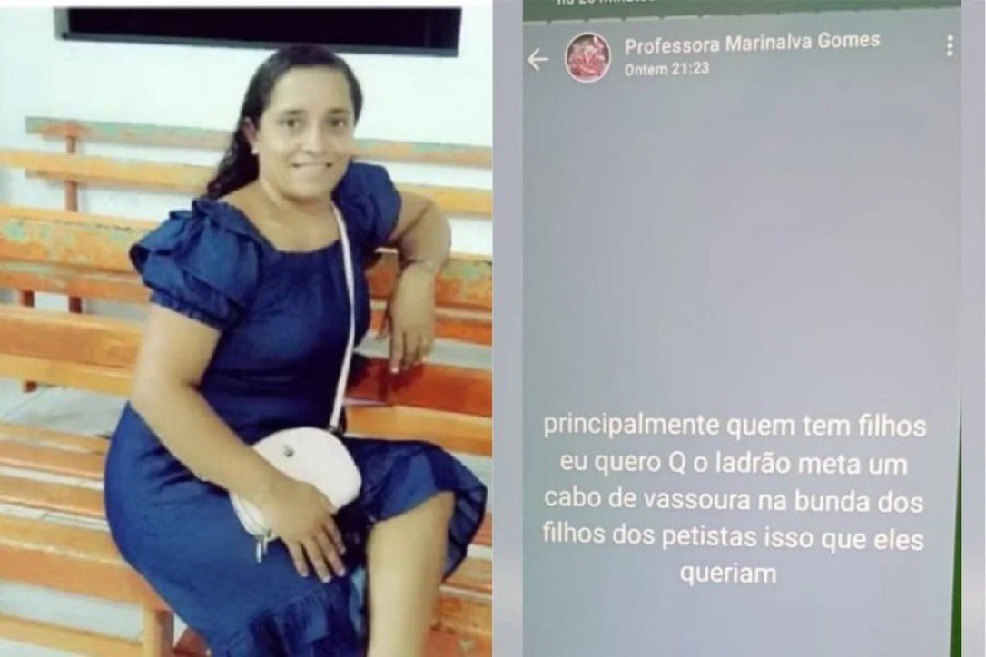 choquei's tweet photo. 🚨BRASIL: Professora é afastada após desejar que filhos de eleitores de Lula fossem estuprados. A docente, de Melgaço, no Marajó (PA), publicou ataques nas redes sociais. A Semed abriu processo para rescindir seu contrato por justa causa. https://t.co/O89cWmctFn