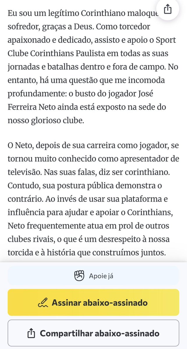 MOT7R_'s tweet photo. 🚨ARMYs, está rolando um abaixo-assinado para a remoção do busto do Craque Neto do Corinthians devido às suas atitudes.

Muitos torcedores repudiam esse tipo de comportamento, considerado incompatível com a história do clube.

​Se puderem apoiar e assinar, o link está abaixo 👇 https://t.co/nVFRJrJNqS