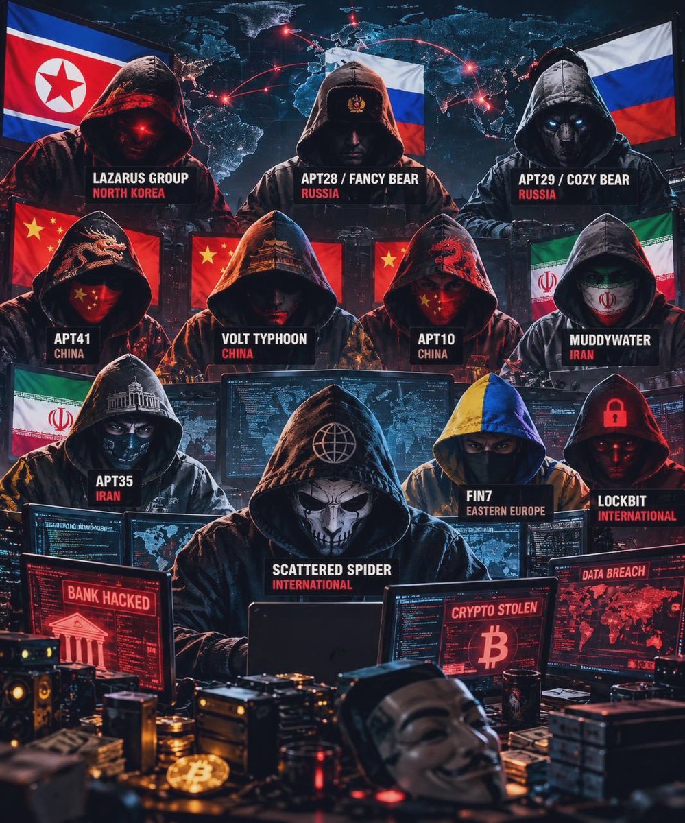 MrWhale's tweet photo. TOP 15 MOST NOTORIOUS HACKER GROUPS IN THE WORLD.

A breakdown of some of the world’s most sophisticated and dangerous cyber threat groups, their countries of origin, and their primary targets.

🇰🇵 NORTH KOREA

Lazarus Group
Targets: Cryptocurrency exchanges, banks, financial institutions, and government agencies.
Known for: Major crypto thefts, the Sony Pictures attack, and international cyber espionage.

APT38 (BeagleBoyz)
Targets: Banks, financial networks, and payment systems.
Known for: Large-scale financial theft and attacks on international banking systems.

Andariel
Targets: Defense contractors, financial institutions, and government organizations.
Known for: Financial cybercrime and espionage operations.

🇷🇺 RUSSIA

APT28 (Fancy Bear)
Targets: Governments, military organizations, NATO, and political institutions.
Known for: Cyber espionage and intelligence operations.

APT29 (Cozy Bear)
Targets: Government agencies, technology companies, and research institutions.
Known for: The SolarWinds supply chain attack.

Sandworm
Targets: Energy infrastructure, power grids, telecommunications, and government networks.
Known for: Destructive cyberattacks and attacks on Ukraine’s power infrastructure.

🇨🇳 CHINA

APT41
Targets: Technology companies, healthcare, telecommunications, and financial institutions.
Known for: Cyber espionage and financially motivated attacks.

Volt Typhoon
Targets: Critical infrastructure, telecommunications, and government networks.
Known for: Long term infiltration of strategic infrastructure.

APT10 (Stone Panda)
Targets: Corporations, technology companies, and government organizations.
Known for: Intellectual property theft and cyber espionage.

Mustang Panda
Targets: Governments, political organizations, and diplomatic institutions.
Known for: Advanced cyber espionage campaigns.

🇮🇷 IRAN

MuddyWater
Targets: Government agencies, telecommunications, and critical infrastructure.
Known for: Cyber espionage and credential theft.

APT35 (Charming Kitten)
Targets: Government officials, academics, journalists, and organizations.
Known for: Phishing, credential theft, and intelligence gathering.

🌍 INTERNATIONAL/EASTERN EUROPE

Scattered Spider
Origins: International network, primarily English speaking operators.
Targets: Telecommunications, technology companies, and financial institutions.
Known for: Social engineering, SIM swapping, and corporate network intrusions.

FIN7
Origins: Eastern Europe, with members associated with Ukraine and Russia.
Targets: Retailers, hospitality companies, payment systems, and financial institutions.
Known for: Payment card theft and corporate cybercrime.

LockBit
Origins: International ransomware operation with strong Russian connections.
Targets: Businesses, hospitals, government agencies, and corporations.
Known for: Ransomware attacks and large scale data extortion.

THE FIVE GROUPS TO WATCH CLOSELY IN CRYPTO AND FINANCIAL SECURITY:

🇰🇵 Lazarus Group - Cryptocurrency theft and financial attacks.

🇰🇵 APT38 - Banking and financial system attacks.

🇨🇳 APT41 - Financially motivated cybercrime and espionage.

🇷🇺 Sandworm - Critical infrastructure attacks.

🌍 Scattered Spider - Corporate and financial system intrusions.

🚨 IMPORTANT: Country associations do not automatically prove direct government control or responsibility for every attack. Cyber attribution requires forensic evidence and independent verification.
