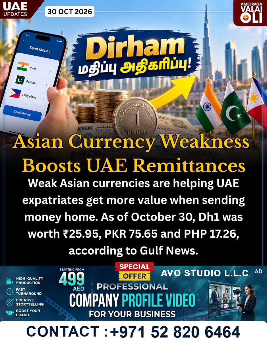 AmeeragaVO's tweet photo. UAE-யிலிருந்து சொந்த நாட்டுக்கு பணம் அனுப்பும் expats-க்கு சாதகமான exchange rates! இந்திய ரூபாய், பாகிஸ்தான் ரூபாய் மற்றும் Philippine Peso நிலவரங்களைப் பாருங்கள்.

#UAERemittance #Dirham #IndianRupee #ExchangeRates #ameeragavalaioli https://t.co/pH0dqweGTR