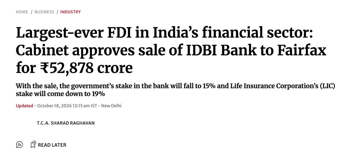 jhoothkigoonj's tweet photo. Modi Government sold IDBI Bank at a throwaway price!

Another lie of Rahul Gandhi that is devoid of any fact. Not a single statement in his tweet is true.

He has conveniently ignored the history of IDBI Bank and the the mess the UPA government made of IDBI Bank. 

Reckless lending between 2004 and 2014 pushed IDBI into a mountain of bad loans. UPA ignored this and did not even recognise these bad loans. Banks including IDBI had stopped lending and were at verge of going bankrupt!

By September 2018, its gross NPA ratio had reached a staggering 31.8%. Nearly 1 in every 3 rupees of loans had turned bad!

The Modi Government had to clean up this mess, protect depositors and rescue the bank from its financial crisis.

Now look at what happened under Modi:

Gross NPAs: 31.8% in 2018 → just 2.3% in March 2026.

Annual profit: ₹9,513 crore in FY 2025-26.

A bank crippled by bad loans was transformed into a profitable institution attracting global investors.

And what did the Government and LIC secure from the sale? A massive ₹52,878 crore!

Fairfax's winning bid of ₹81 per share was higher than the benchmark valuation of ₹75.99. So much for the manufactured outrage about a throwaway price.

And here's another fact conveniently buried: IDBI was already classified as a private-sector bank in 2019 following LIC's takeover. The Government wasn't selling 100% of the bank in the first place!

The deal has been described as India's largest-ever FDI transaction in the financial sector. Fairfax has even linked its investment to India's Viksit Bharat 2047 vision.

The contrast couldn't be clearer.

The UPA-era lending legacy left IDBI drowning in bad loans. The Modi Government cleaned up the balance sheet, restored profitability, protected depositors and secured a ₹52,878 crore transaction.

Congress had destroyed IDBI. Modi government is standing with employees of IDBI and depositors of IDBI and have enabled turnaround of the bank!

From 31.8% bad loans to 2.3%. From a banking crisis to ₹9,513 crore in annual profits. From a rescue operation to India's largest financial-sector FDI deal.