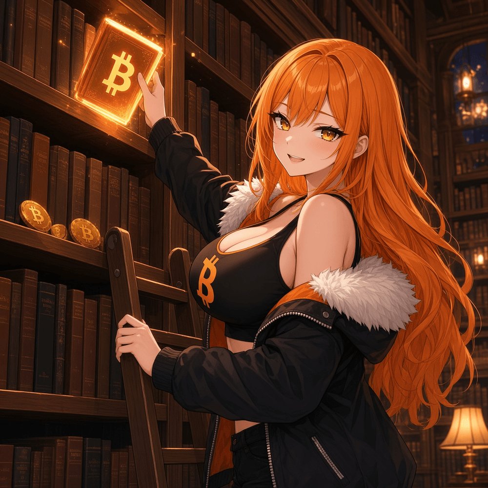 BigTittyCoinRH's tweet photo. Late-night library run with the queen of the chain: skipped the boring chapters and went straight for the one about bigger bags. Orange army, keep reading. $BTC https://t.co/XUVKhmVwKZ