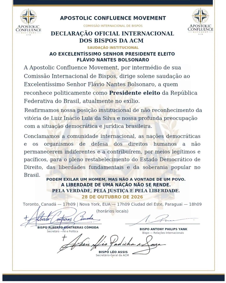 Hotspotorlando's tweet photo. KEEP FIGHTING🚨

International Bishops Recognize Flávio Bolsonaro as Brazil’s Elected President in Exile

A formal declaration issued on October 28, 2026, by the International Commission of Bishops of the Apostolic Confluence Movement has recognized Flávio Nantes Bolsonaro as the elected president of the Federative Republic of Brazil, currently living in exile. The document, released from locations in Canada, the United States, and Paraguay, explicitly rejects the announced victory of Luiz Inácio Lula da Silva in the October 25 presidential runoff and expresses deep concern over the state of democracy and the rule of law in the country.

The statement addresses Bolsonaro as “His Excellency” and affirms the group’s institutional position of non-recognition of the official result. It calls on the international community, democratic nations, and human rights organizations to avoid indifference and to contribute, through legitimate and peaceful means, to the full restoration of the democratic rule of law, fundamental freedoms, and popular sovereignty in Brazil. The text closes with the declarations: “They can exile a man, but not the will of a people. The freedom of a nation does not surrender. For truth, for justice, and for freedom.” It is signed by three bishops, including Alberto Contreras Cômmoda (Secretary for Faith and Politics), Antony Philips Yank (Bishop for International Relations), and Léo Assis (Secretary-General of the ACM).

The declaration arrives days after Lula was proclaimed the winner with 51.79 percent of valid votes to Bolsonaro’s 48.21 percent, a margin of roughly 4.4 million votes. Between the first and second rounds, Lula’s total rose by more than 10 million votes while Bolsonaro’s increased by approximately 3.7 million. Bolsonaro has contested the outcome, alleging irregularities, and left Brazil for the United States after court proceedings involving his passports. From abroad he has publicly described himself as the legitimate leader of the country and promised continued opposition from exile. His own Liberal Party has acknowledged the official result, while the Superior Electoral Court has certified the election.

The Apostolic Confluence Movement operates outside the structures of Brazil’s National Conference of Bishops (CNBB). Led in part by Dom Léo Assis, a Brazilian bishop associated with the Continuing Church tradition that permits married clergy, the group has previously criticized Lula’s government and the CNBB’s posture. In earlier statements this week it had already questioned the election numbers and demanded an independent technical examination of the records. The October 28 document escalates that position into formal political recognition of Bolsonaro.

The move stands in contrast to a letter signed by dozens of Brazilian Catholic bishops before the runoff, which described Bolsonaro’s candidacy as a threat to democracy, national sovereignty, and the Church’s social doctrine. Reactions to the ACM statement have been sharply divided: supporters of the defeated candidate have hailed the bishops for showing courage in challenging the official outcome, while others view the declaration as lacking institutional weight within the broader Catholic Church and as an extension of ongoing political polarization. The document itself emphasizes that its recognition is institutional and political rather than a diplomatic act capable of altering the certified electoral result.