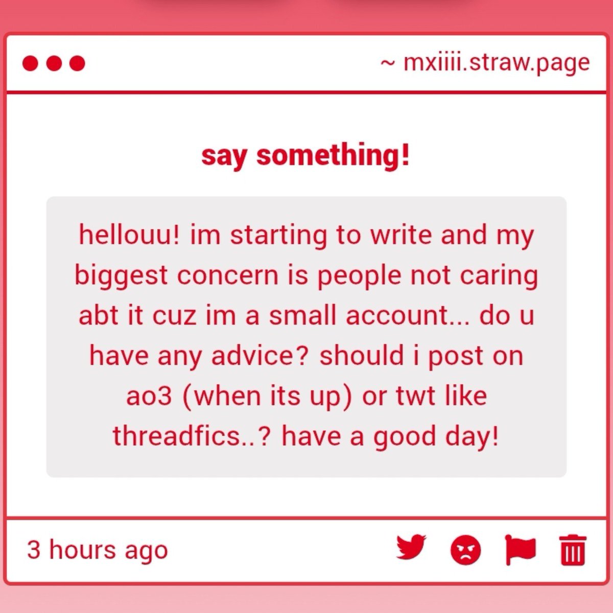 berryghst_'s tweet photo. Hello! Honestly I don't feel like a big account or anything like that, I feel lucky to have at least 200 likes on my threads, but honestly I started doing it without caring much if I got likes or not, get rid of that fear! There will always be an audience for everything and if https://t.co/IjicqlH6JN