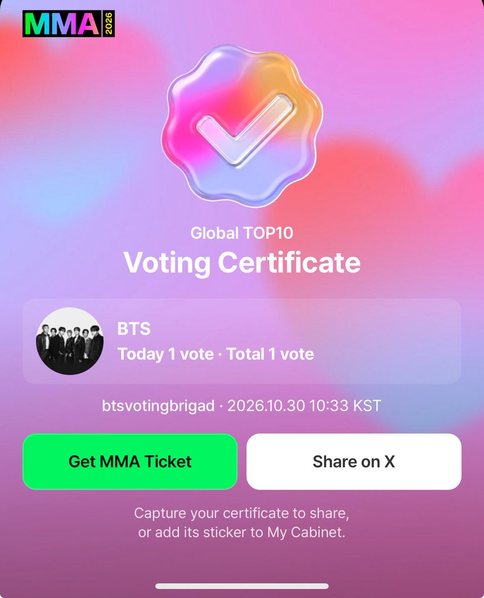 votingbrigade's tweet photo. 🏆 MMA 2026 GLOBAL TOP 10

Vote for BTS is nominated. 

⏰ Voting Deadline: November 13, 11:59 PM KST
🗳️ Voting Limit: 1 vote per account

🔗 VOTE HERE: https://t.co/5gLtNIz8lV

📌 HOW TO PARTICIPATE
1️⃣ Access the voting link.
2️⃣ Join the K-pop Square Community.
3️⃣ Choose BTS
4️⃣ Confirm and submit your vote.

Let’s maximize our participation and secure more votes for BTS!