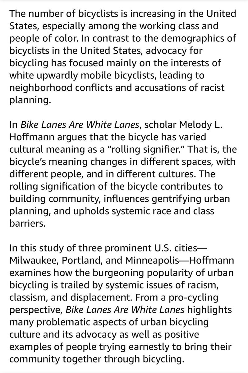 KimChiSpicey's tweet photo. Bike Lanes Are White Lanes seems like a great book. I just ordered one!

It’s about the racist impacts of urban planning for bike infrastructure, and how affluent white bike bros turned something seemingly good into a weapon for gentrification and displacement.

The author is even a cyclist who supports bike infrastructure.