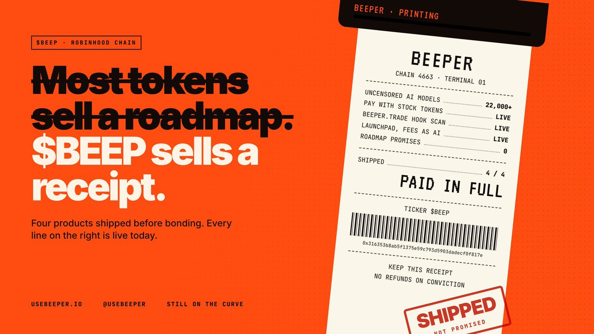 usebeeper's tweet photo. Most tokens sell a roadmap.
$BEEP sells a receipt.

Shipped: 22,000+ uncensored AI models, paid onchain
Shipped: pay for AI with your Robinhood stock tokens
Shipped: https://t.co/rZJLWlPGru, swaps that scan every pool for hidden fees
Shipped: a launchpad where every coin pays its holders in AI credit

All on Robinhood Chain. All live today.
And $BEEP is still on the curve.

CA: 0x316353b8ab5f1375e59c793d5903dadecf0f817e