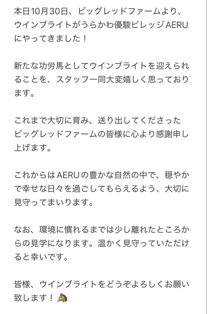 aeru_joba's tweet photo. 🐴✨ ウインブライトがAERUに仲間入り！✨🐴

詳しくは画像をご覧ください。 https://t.co/O1F6Rloq87
