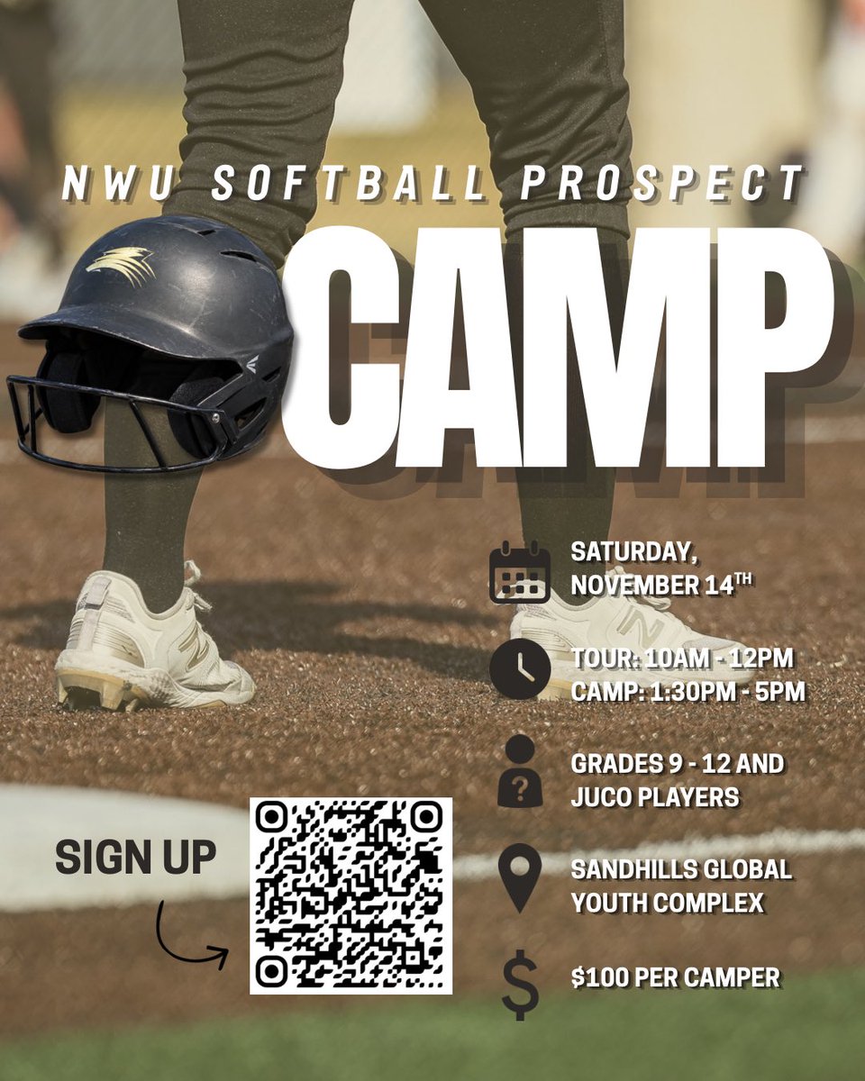 NWU_SOFTBALL's tweet photo. Interested in NWU Softball? Check out our fall camp👀

Scan the QR code for more info!

#pwolfnation #yipyip https://t.co/TminmAHTe6