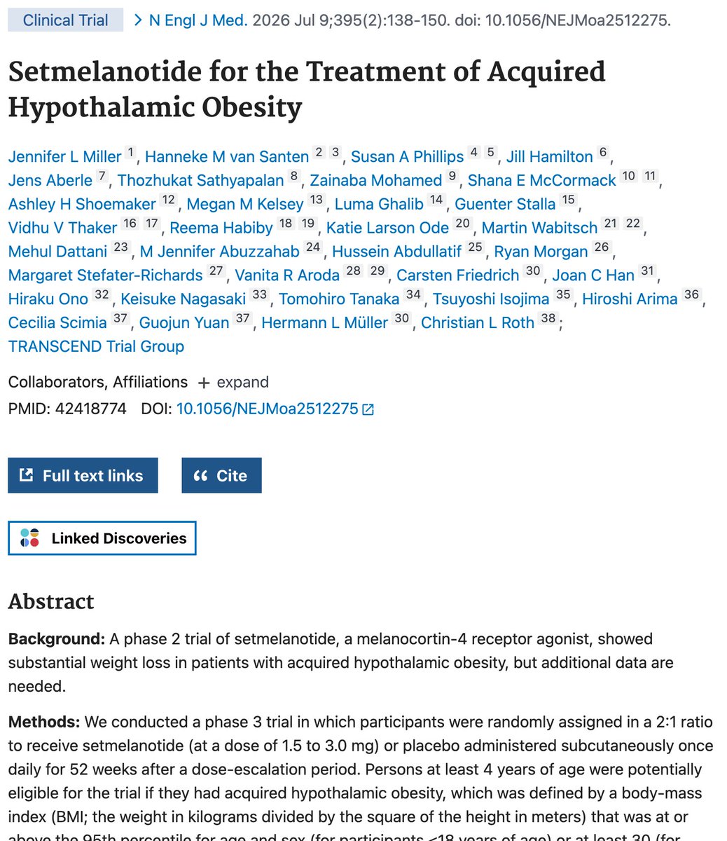 checkregen's tweet photo. A daily peptide shot cut BMI 16.5% in people whose brain injury left them always hungry. Placebo went up 3.3%.

It's called setmelanotide. Here's the breakdown: (1/14) https://t.co/xPYXXfGls7