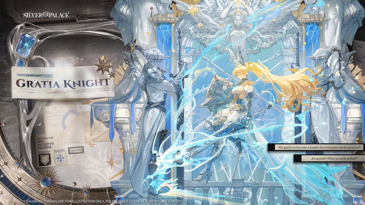SilverPalaceIDN's tweet photo. Intel Rekan
|| Gratia (Knight)

—— Her Majesty's Protégé ——

--
"Detektif, aku udah nunggu lama loh! Mau jalan-jalan di kota, terus patroli sama tangkap penjahat bareng-bareng enggak?"
--

Seorang kesatria yang setia dan pengikut yang gagah berani, namun agak lugu.
Dengan kehormatan kesatria dan restu sang ratu, dia mengayunkan pedang besar dan menerjang musuh dengan perisainya.

Di balik takhta itu, tersembunyi rahasia kelam. Berdoalah, semoga mereka yang mampu melihat kebenaran datang untuk menyelamatkan kita.

"Siapa aku?" Dia sesekali bertanya pada bayangannya di dalam cermin, tapi sosok di seberang sana belum tahu cara menjawab.

#SilverPalace