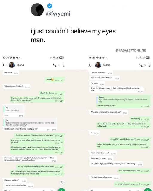 yabaleftonline's tweet photo. Moment man ended things with his partner over the payment of her office rent https://t.co/aVExk9LT02