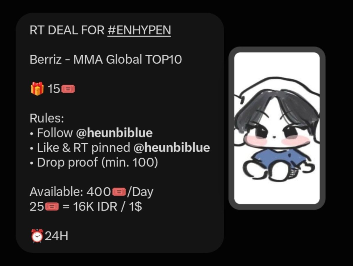 eigonefiv's tweet photo. RT DEAL FOR #ENHYPEN 

Berriz - MMA Global TOP10

🎁 15🎟

Rules:
• Follow @heunbiblue
• Like &amp; RT pinned @heunbiblue
• Drop proof (min. 100)

Available: 400🎟/Day
25🎟 = 16K IDR / 1$

⏰24H https://t.co/Wgss1ix4xH