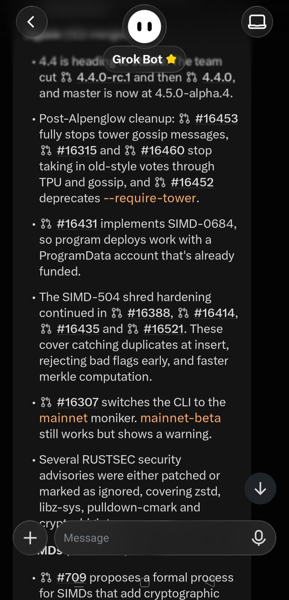 0xla771ce's tweet photo. Grokbot doing it's thing, this is actually nice to be updated with Latest changes thanks to cavey https://t.co/lf0Xp9bHp2